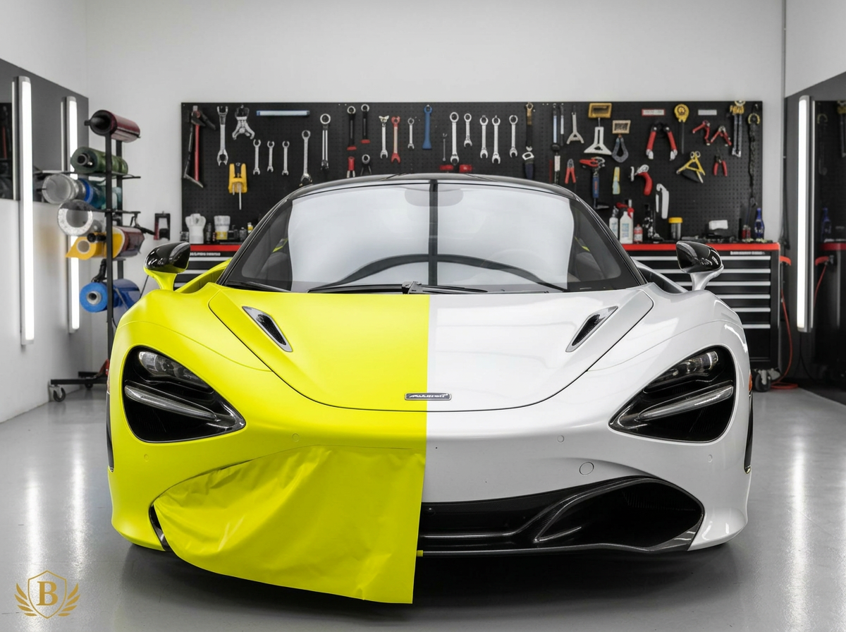 Custom yellow wrap on sports coupe
